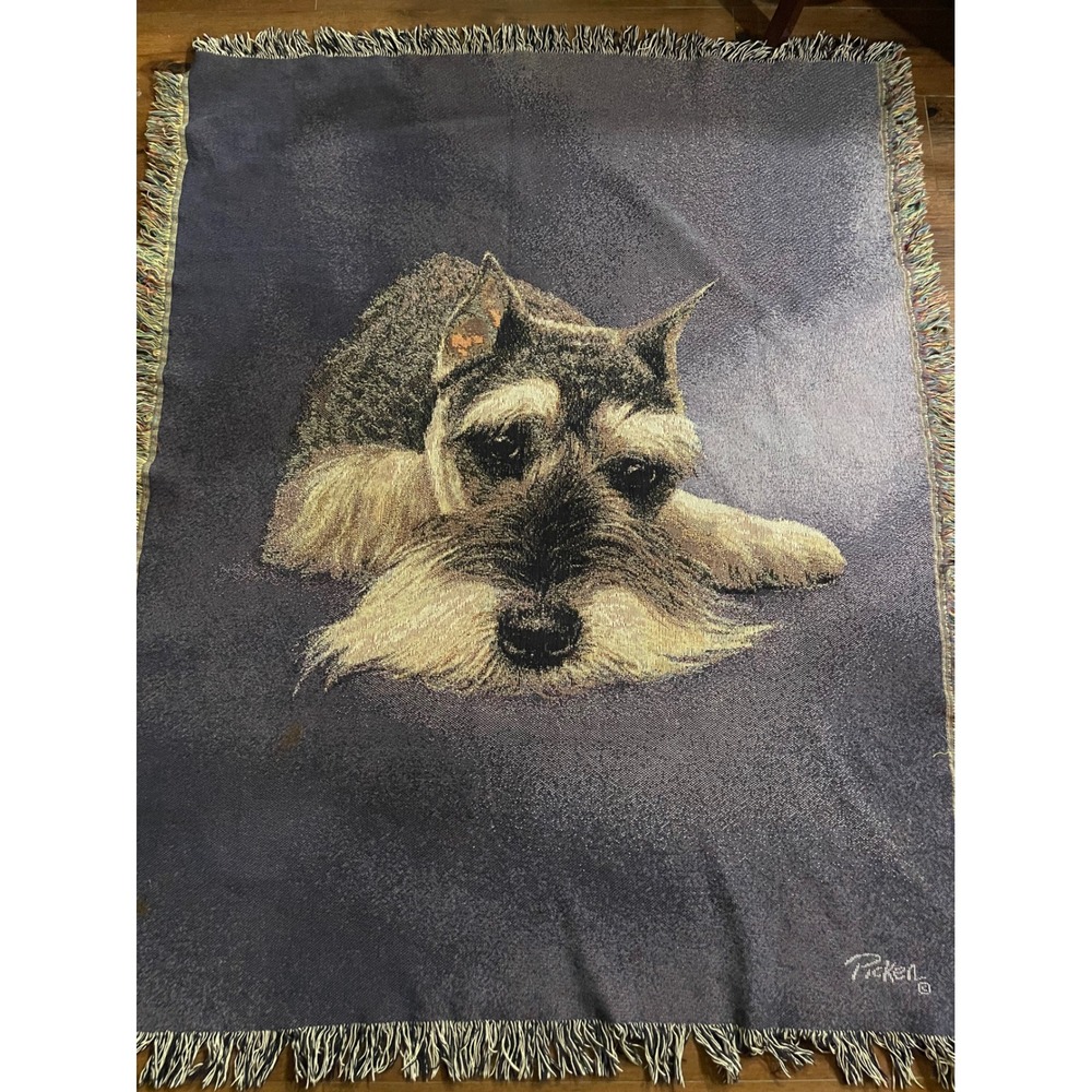 Vintage Picken Schnauzer Dog Woven Tapestry Throw Blanket Fringe Navy Blue 48x60 - Picture 3 of 5